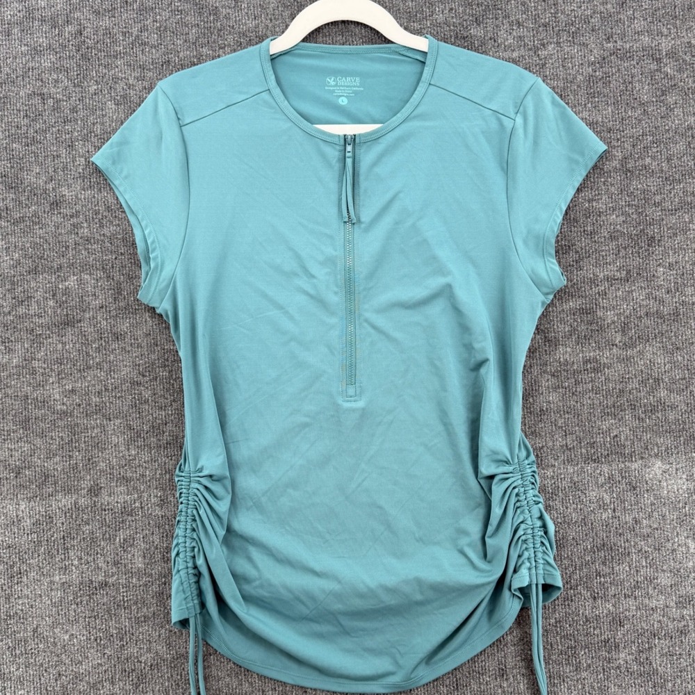 Carve Designs Women Large Teal Blue Kyla Rashguard Short Sleeve Quarter Zip Top